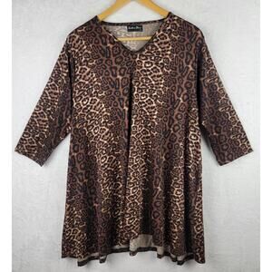 Boho XL Mini Knit Dress 3/4 Sleeves V Neck Pullover Brown Animal Tunic Casual